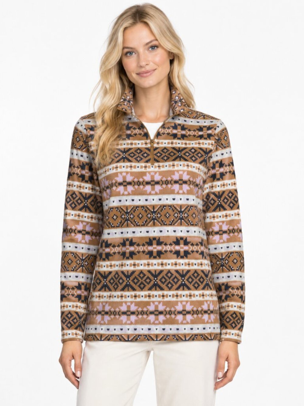 2/$30 Lands' End Anyweather Fleece Quarter Zip Pullover Camel Fairisle #A4792